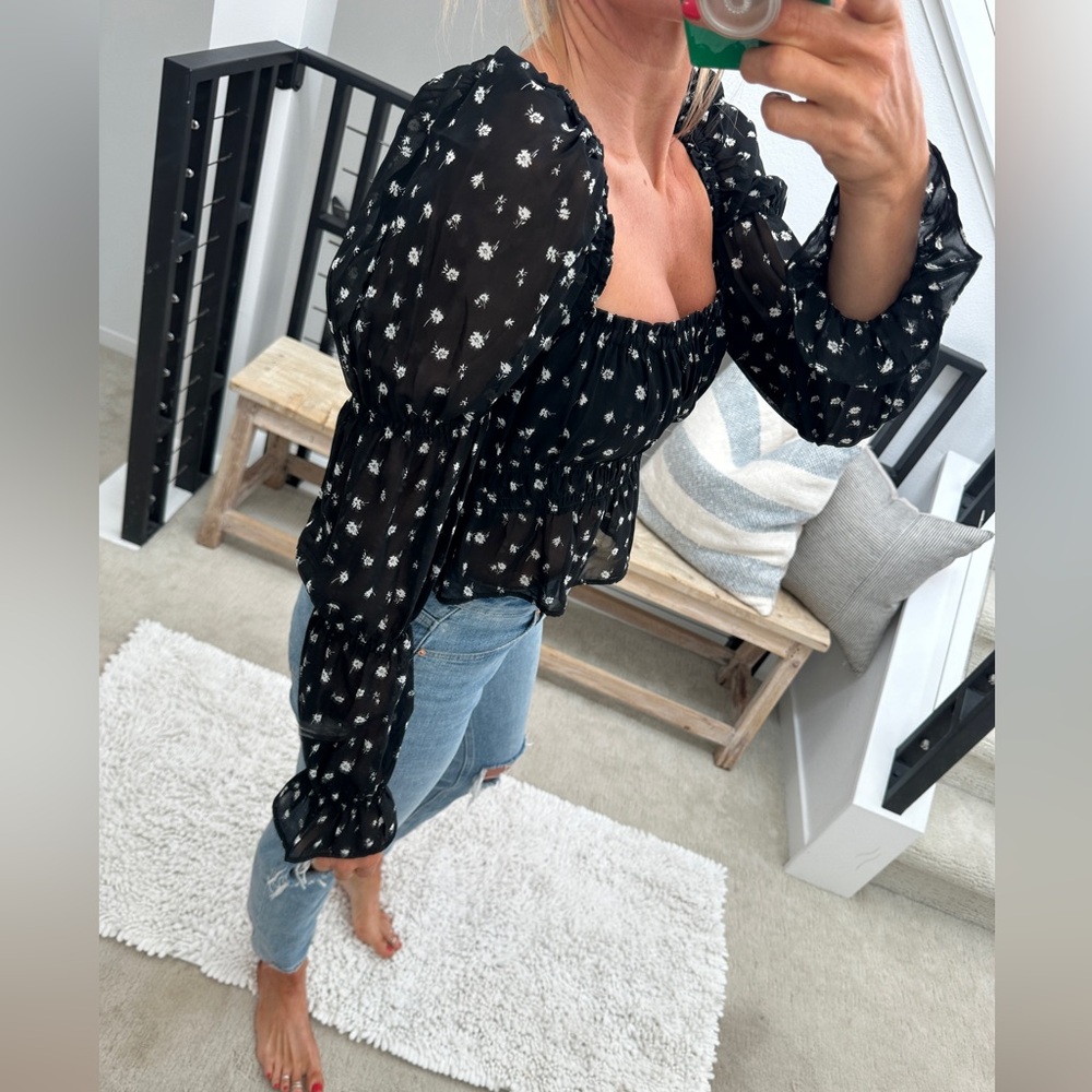H&M Divided Black Floral Ruffle Long Sleeve Crop Top Festival Outfit |Size S - Picture 6 of 12